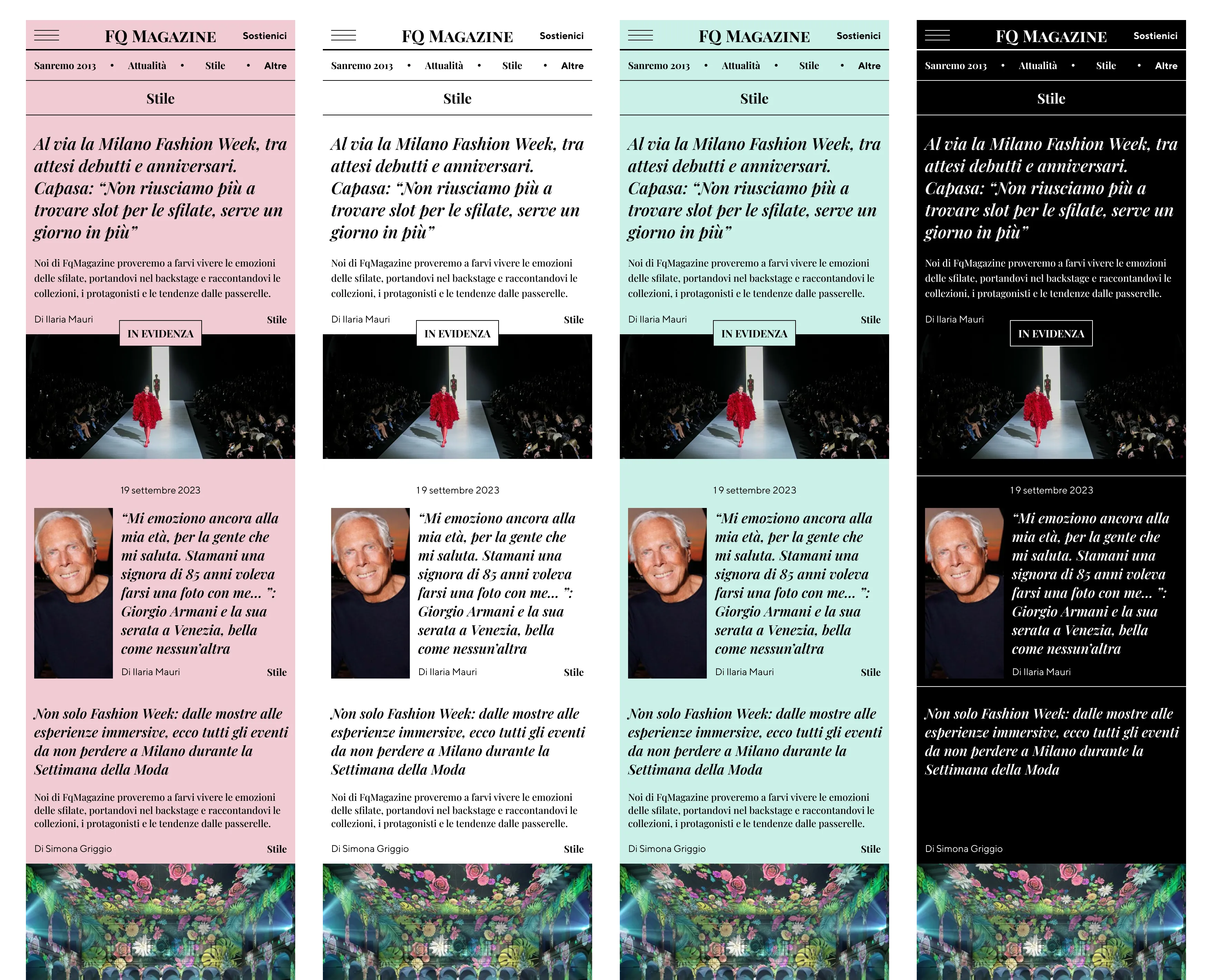 FQ Magazine theme variations, part of the design exploration phase